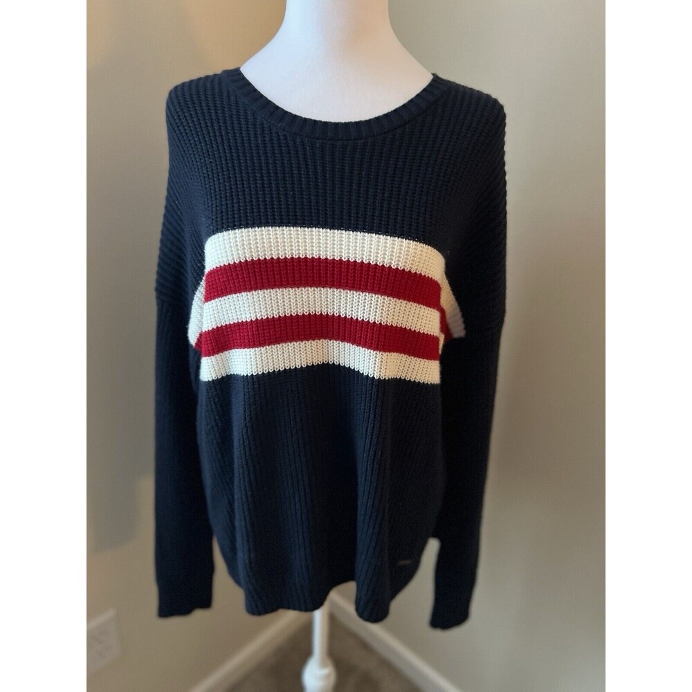 Hollister Y2K Navy Sweater w/ Red & White Stripe Men's Medium Crewneck